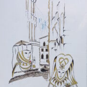 Rosellina Castellarin, Carnevale a Venezia, china su carta del 2019 con figure mascherate tra le architetture e i riflessi della città lagunare