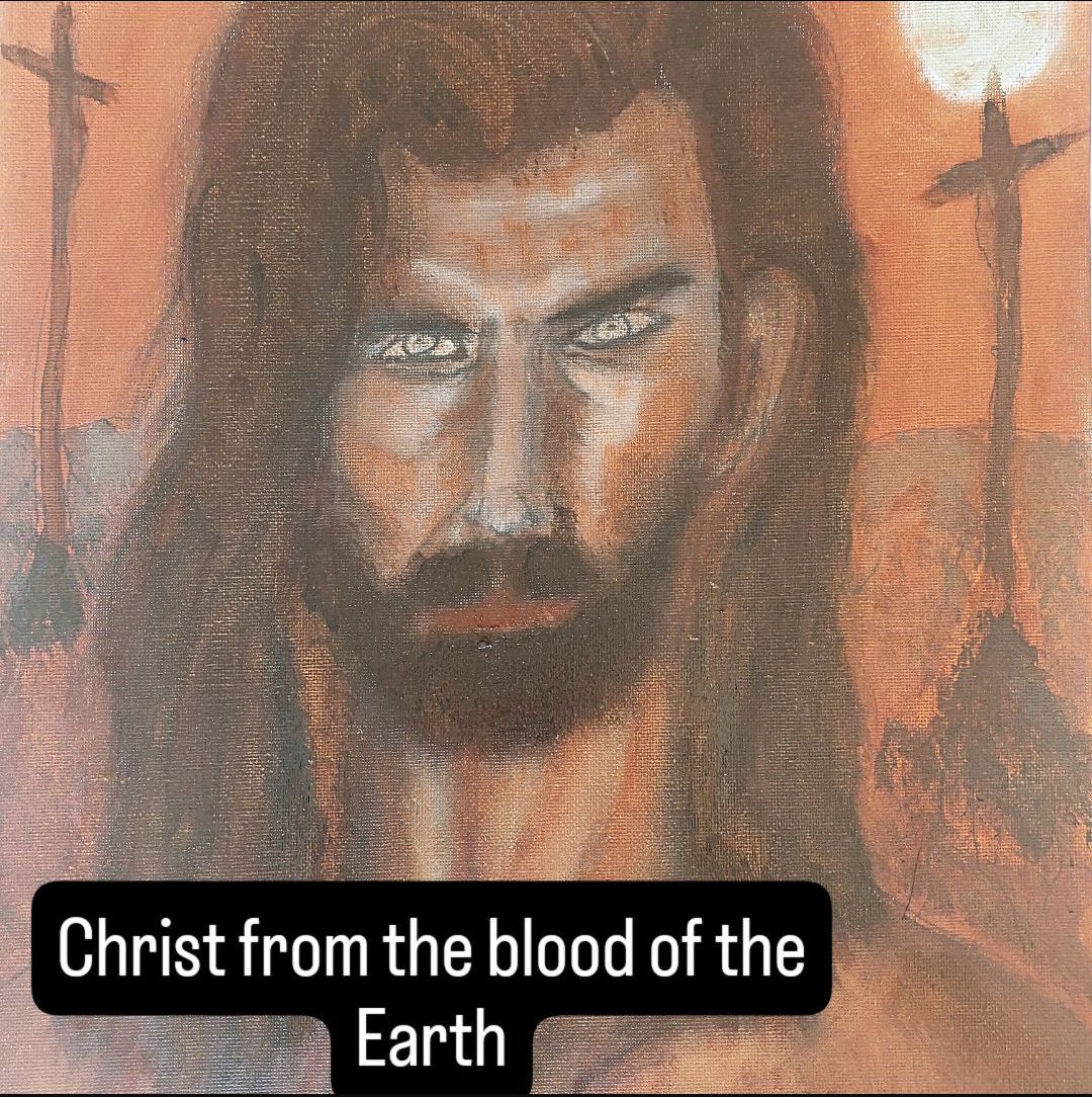 Opera di Antonio Andreozzi, Christ from the blood of the Earth, ritratto frontale tra tonalità brune e ocra con croci sullo sfondo.