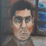 Ritratto espressionista di un ergastolano realizzato a olio su tela, con volto frontale, sguardo intenso e finestra sullo sfondo dai toni scuri e contrastati.