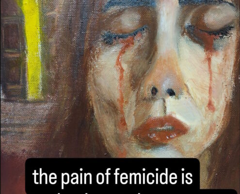 Dipinto espressionista contemporaneo raffigurante il primo piano del volto di una donna con gli occhi chiusi e lacrime rosse, realizzato con pennellate materiche nei toni del bruno, ocra e un dettaglio giallo luminoso sullo sfondo.