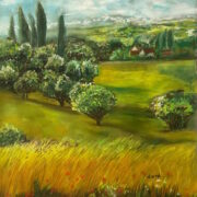 Dora Pianezzola paesaggio collinare con case e alberi