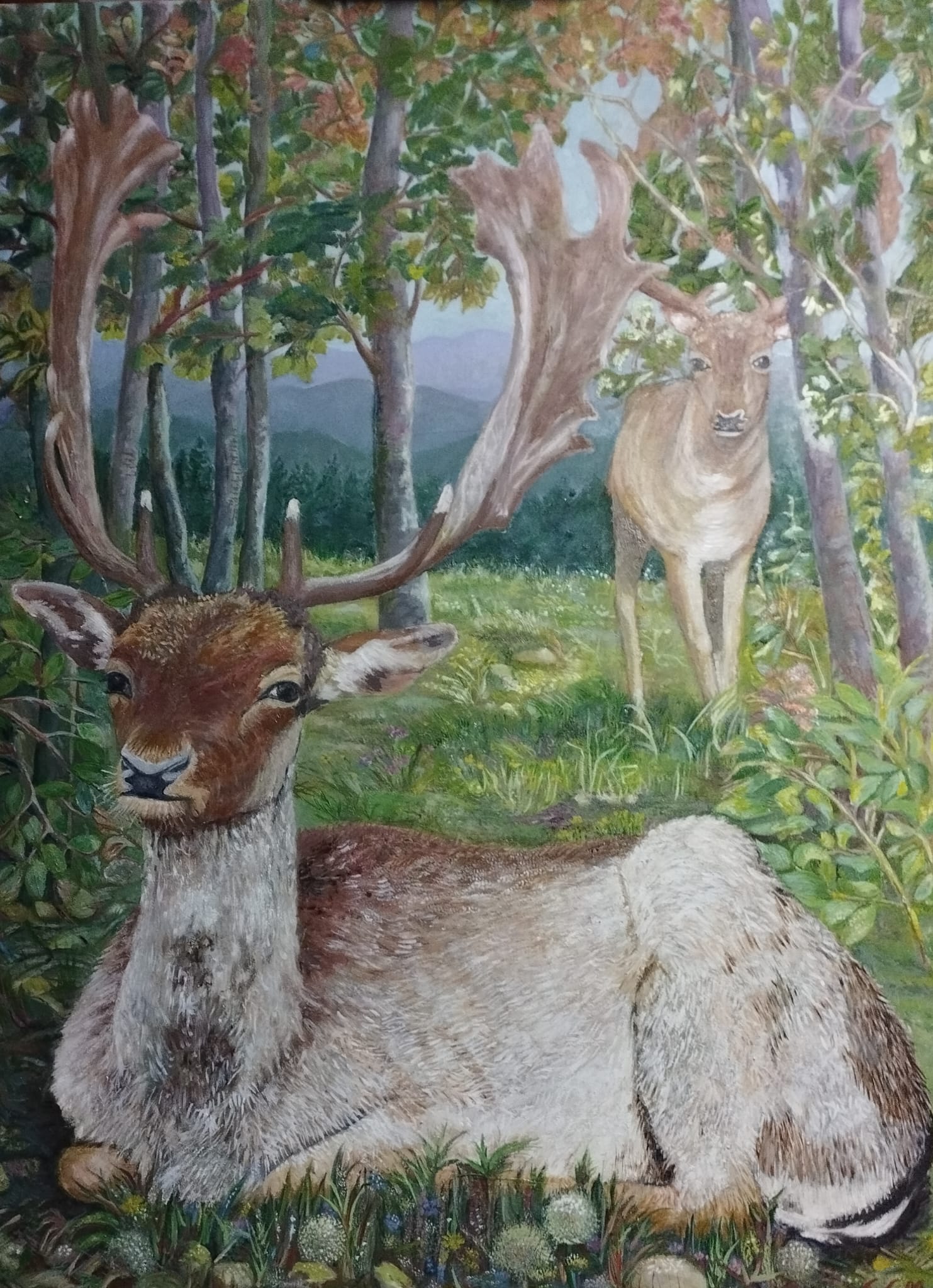 Dipinto figurativo di Giuseppina Gallo intitolato "I daini". In primo piano un daino con grandi corna palmate è sdraiato sull'erba all'interno di un bosco folto. Sullo sfondo, un secondo daino in piedi osserva tra gli alberi e le colline distanti.