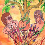 Dipinto surreale di Sergio Franceschi intitolato "Adamo ed Eva". Al centro un albero con un serpente avvolto attorno a un frutto arancione. Ai lati, i volti e i corpi di Adamo ed Eva emergono con mani a forma di artigli vegetali e visi rigati da venature rosse.