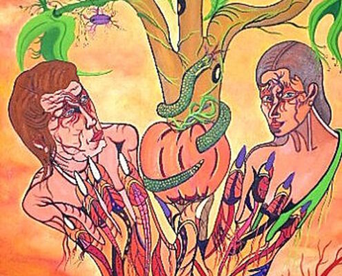 Dipinto surreale di Sergio Franceschi intitolato "Adamo ed Eva". Al centro un albero con un serpente avvolto attorno a un frutto arancione. Ai lati, i volti e i corpi di Adamo ed Eva emergono con mani a forma di artigli vegetali e visi rigati da venature rosse.