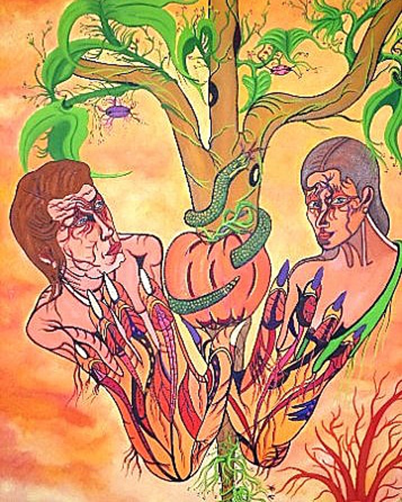 Dipinto surreale di Sergio Franceschi intitolato "Adamo ed Eva". Al centro un albero con un serpente avvolto attorno a un frutto arancione. Ai lati, i volti e i corpi di Adamo ed Eva emergono con mani a forma di artigli vegetali e visi rigati da venature rosse.