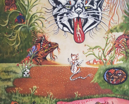 Dipinto surreale di Sergio Franceschi intitolato "Allegoria". Al centro fluttua la grande testa di un gatto con le fauci aperte e una figura umana sulla lingua. Il paesaggio circostante è popolato da strane creature, rettili, una rana su una ninfea, un topo danzante e un teschio sulla terra bruna.