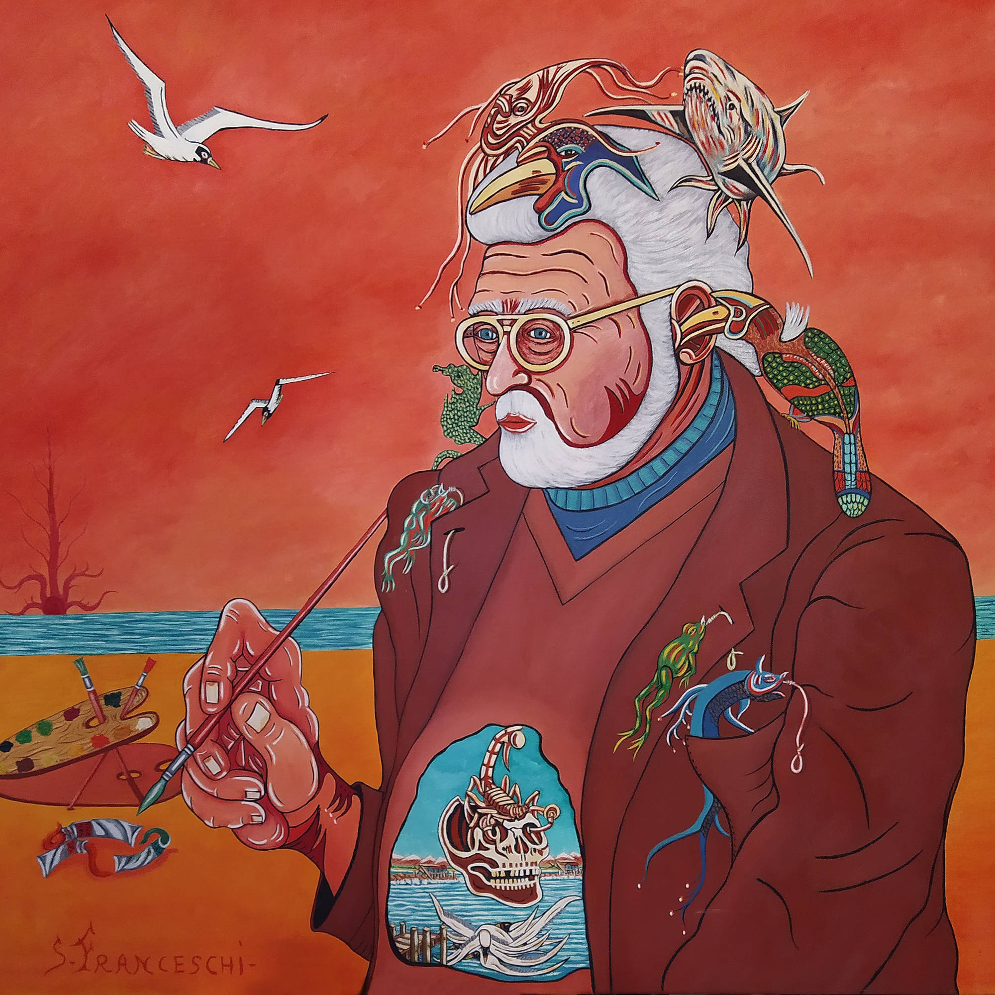 Dipinto surreale di Sergio Franceschi: autoritratto del pittore con barba e occhiali, circondato da animali fantastici su uno sfondo marino con cielo rosso.