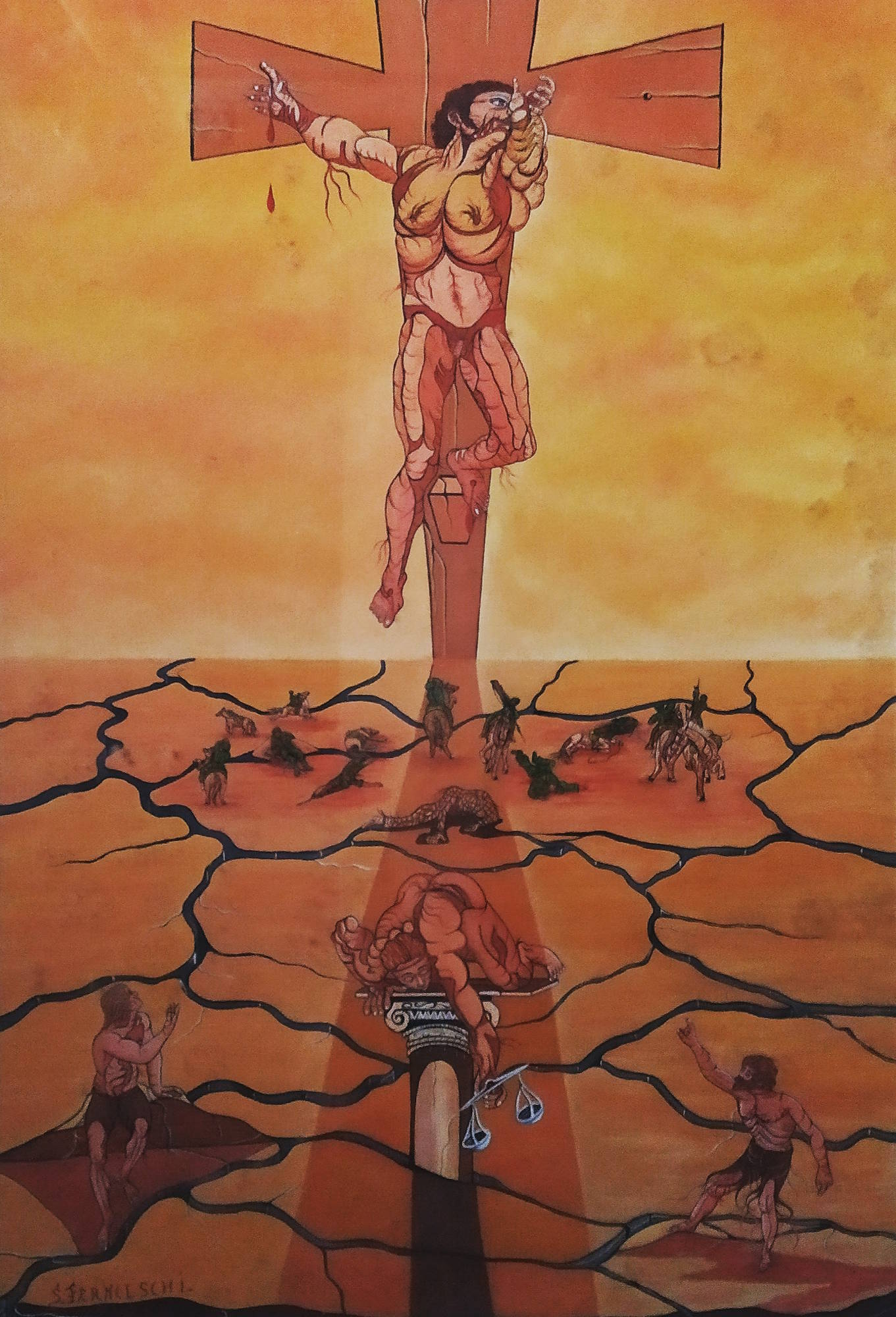 Dipinto surreale di Sergio Franceschi intitolato "E liberaci dal male". Gesù Cristo è rappresentato sulla croce con una muscolatura anatomica tormentata. La croce sorge da un terreno desertico e crepato, popolato da piccole creature mostruose, un capitello spezzato con una bilancia e figure umane in preghiera.
