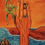 Dipinto surreale di Sergio Franceschi intitolato "Francesca". Una grande mano arancione con un anello azzurro e un viso di donna sul dito medio si innalza davanti al mare. Sullo sfondo, forme anatomiche femminili emergono dalle onde sotto un cielo arancione, accanto a un girasole stilizzato.