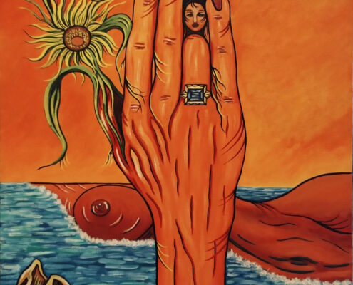 Dipinto surreale di Sergio Franceschi intitolato "Francesca". Una grande mano arancione con un anello azzurro e un viso di donna sul dito medio si innalza davanti al mare. Sullo sfondo, forme anatomiche femminili emergono dalle onde sotto un cielo arancione, accanto a un girasole stilizzato.
