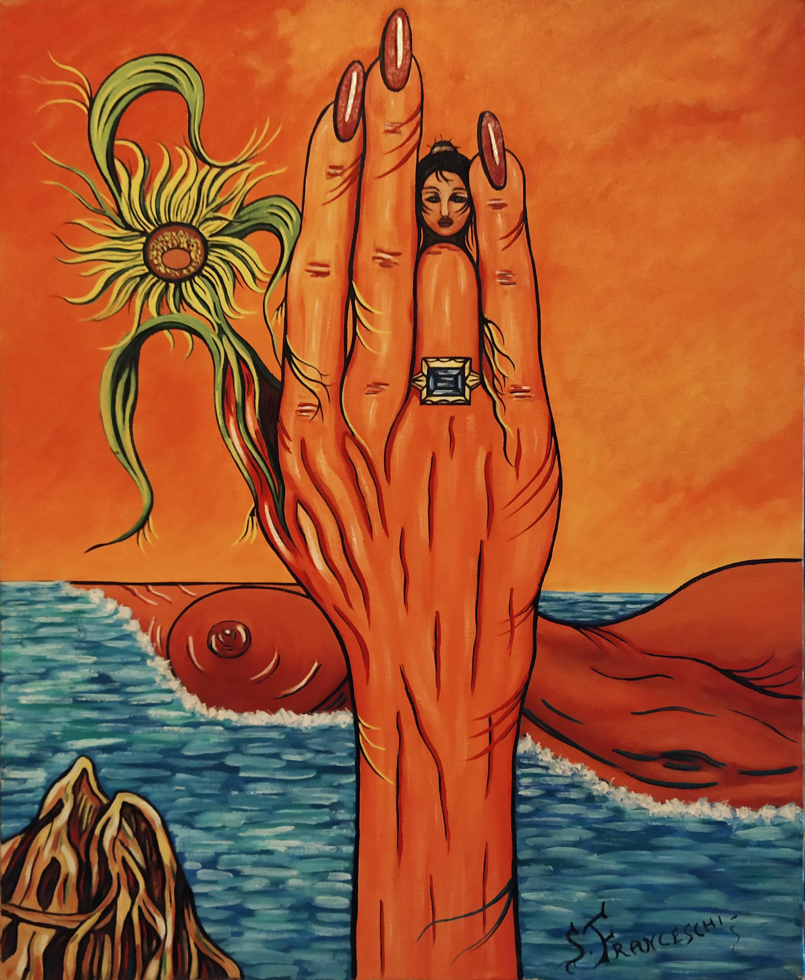 Dipinto surreale di Sergio Franceschi intitolato "Francesca". Una grande mano arancione con un anello azzurro e un viso di donna sul dito medio si innalza davanti al mare. Sullo sfondo, forme anatomiche femminili emergono dalle onde sotto un cielo arancione, accanto a un girasole stilizzato.