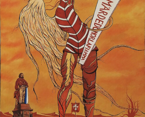 Dipinto surreale di Sergio Franceschi intitolato "Giugno Pisano". Una figura fantastica con corpo a strisce bianche e rosse e testa fiammeggiante regge un cartiglio con la scritta "M'ARDO D'AMOR LA FIAMMA". Sullo sfondo un paesaggio arancione con il monumento a Garibaldi di Pisa, una bandiera crociata pisana e un elmo a terra.