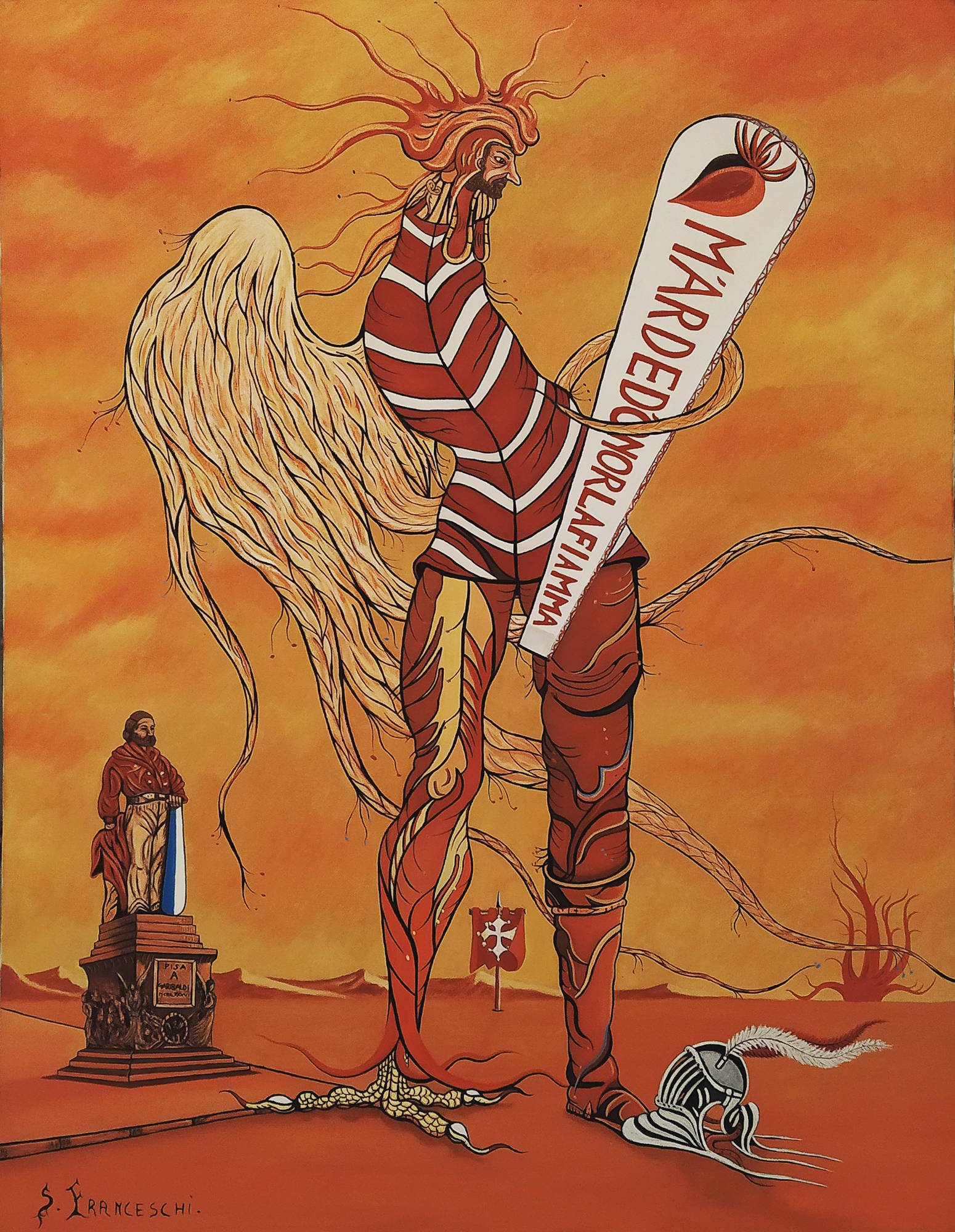 Dipinto surreale di Sergio Franceschi intitolato "Giugno Pisano". Una figura fantastica con corpo a strisce bianche e rosse e testa fiammeggiante regge un cartiglio con la scritta "M'ARDO D'AMOR LA FIAMMA". Sullo sfondo un paesaggio arancione con il monumento a Garibaldi di Pisa, una bandiera crociata pisana e un elmo a terra.