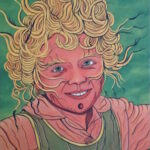 Dipinto surreale di Sergio Franceschi intitolato "Il bambino". Ritratto in primo piano di un bambino sorridente con occhi verdi e capelli biondi e ricci simili a viticci. Il viso mostra leggere venature e lo sfondo è di un verde uniforme e brillante.