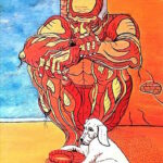 Dipinto surreale di Sergio Franceschi intitolato "Il cieco". Un uomo dalla muscolatura anatomica rossa e arancione è rannicchiato su se stesso, mentre in primo piano si trova un cane bianco accucciato. Sullo sfondo una parete con mattoni a vista e una finestra aperta sul mare azzurro.