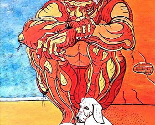 Dipinto surreale di Sergio Franceschi intitolato "Il cieco". Un uomo dalla muscolatura anatomica rossa e arancione è rannicchiato su se stesso, mentre in primo piano si trova un cane bianco accucciato. Sullo sfondo una parete con mattoni a vista e una finestra aperta sul mare azzurro.