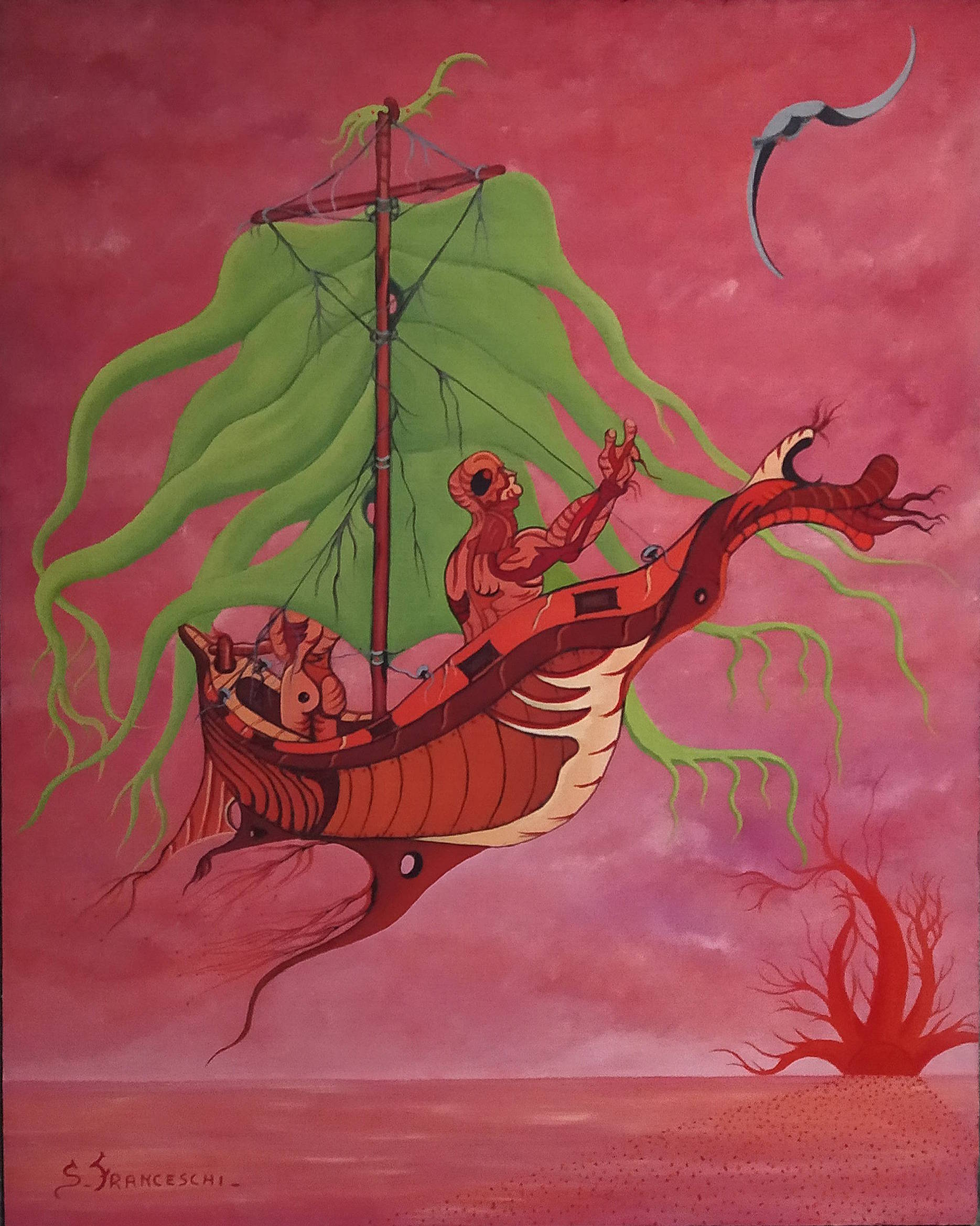 Dipinto surreale di Sergio Franceschi intitolato "Il vascello". Un'imbarcazione fantastica a forma di creatura marina fluttua in un cielo rosa intenso. Al centro della barca un uomo muscoloso tende le braccia, mentre la vela è formata da grandi ramificazioni verdi. A terra si nota un albero spoglio.