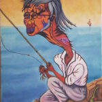 Dipinto surreale di Sergio Franceschi del 1972 intitolato "Il vecchio pescatore". Un anziano con capelli grigi, occhiali e una testa molto grande è seduto su uno scoglio mentre tiene una canna da pesca. Sullo sfondo il mare azzurro con una barchetta e un cielo arancione.