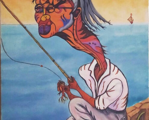 Dipinto surreale di Sergio Franceschi del 1972 intitolato "Il vecchio pescatore". Un anziano con capelli grigi, occhiali e una testa molto grande è seduto su uno scoglio mentre tiene una canna da pesca. Sullo sfondo il mare azzurro con una barchetta e un cielo arancione.