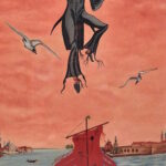 Dipinto surreale di Sergio Franceschi intitolato "Il violinista". Un musicista in frac nero fluttua in un cielo aranciato suonando il violino, con gambe che terminano in radici. Sotto di lui, un paesaggio marino veneziano con gondole e un vascello dalla grande vela rossa sfilacciata.