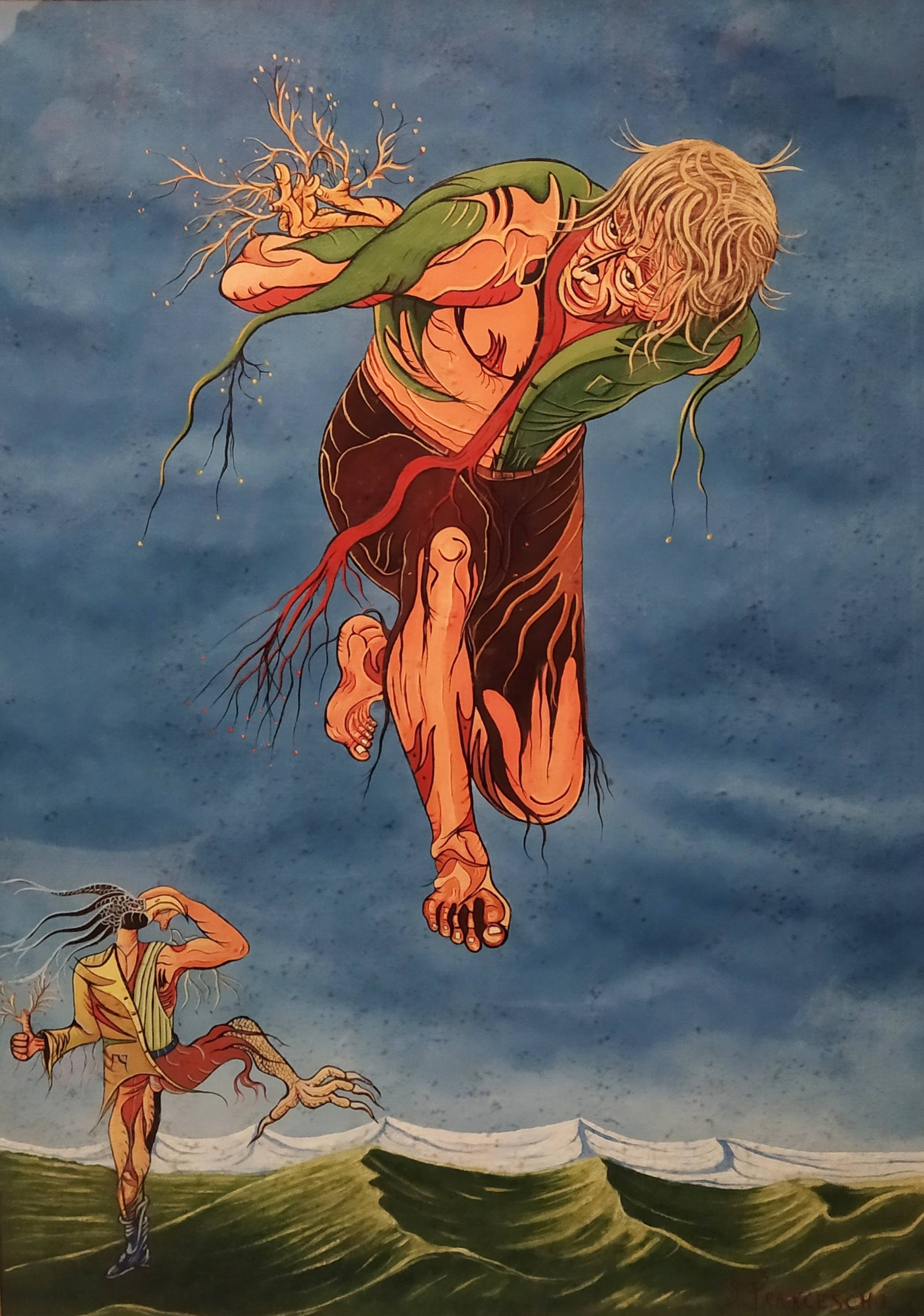 Dipinto surreale di Sergio Franceschi intitolato "L'angelo del focolare". Una grande figura maschile muscolosa con ali a forma di foglie verdi fluttua nel cielo tenendo tra le mani radici dorate. In basso, una figura più piccola con zampe artigliate cammina sulle onde di un mare verde.