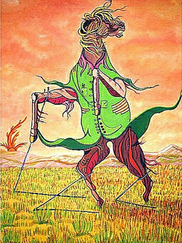 Dipinto surreale di Sergio Franceschi intitolato "Lo spaventapasseri". Una creatura ibrida con corpo muscoloso di cavallo scorticato e giacca verde si muove in un campo di grano. Le zampe sono legate a terra da corde tese, sotto un cielo arancione.