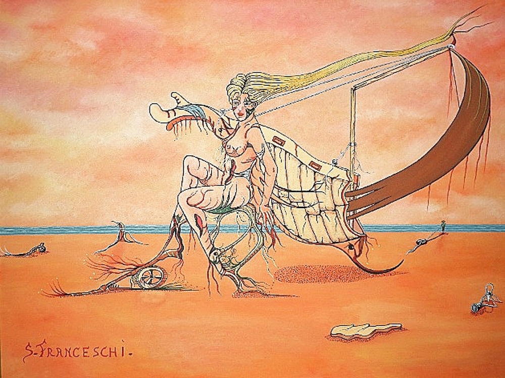 Dipinto surreale di Sergio Franceschi intitolato "L'ultima corsa". Una donna nuda con lunghi capelli biondi che formano le corde di una grande vela è seduta su una sedia di radici in mezzo a una spiaggia desolata. A terra si notano una ruota e radici, sotto un cielo arancione al tramonto.