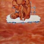 Dipinto surreale di Sergio Franceschi intitolato "L'uomo nella fabbrica". Una grande figura maschile muscolosa e scorticata è rannicchiata su una piattaforma bianca fluttuante in un cielo rosso. In basso si vede un borgo cittadino costiero con tetti rossi e un'alta ciminiera di una fabbrica.