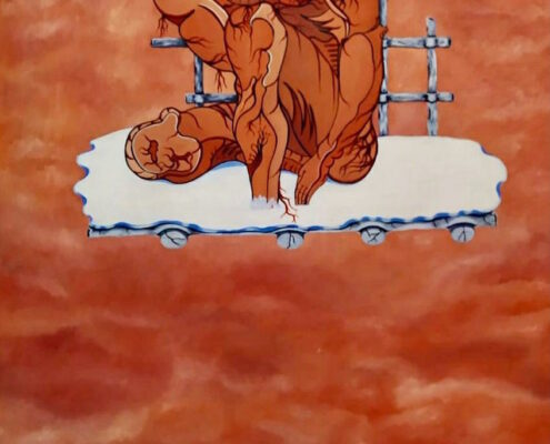 Dipinto surreale di Sergio Franceschi intitolato "L'uomo nella fabbrica". Una grande figura maschile muscolosa e scorticata è rannicchiata su una piattaforma bianca fluttuante in un cielo rosso. In basso si vede un borgo cittadino costiero con tetti rossi e un'alta ciminiera di una fabbrica.