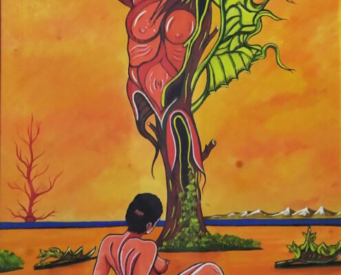 Dipinto surreale di Sergio Franceschi intitolato "Metamorfosi di un amore". Un albero antropomorfo con un corpo muscoloso rosso e un'ala verde sorge al centro di un paesaggio desertico. Una donna nuda è seduta di schiena e lo osserva, sotto un cielo arancione con due occhi fluttuanti in alto.