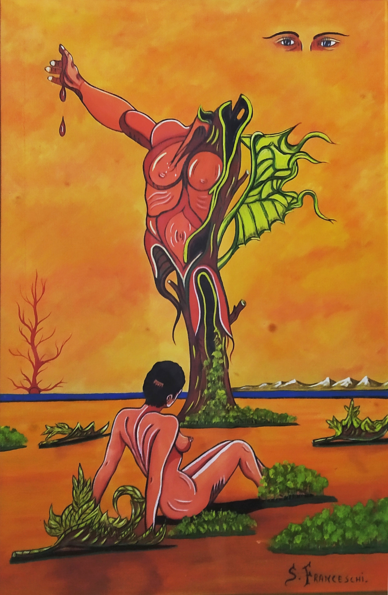 Dipinto surreale di Sergio Franceschi intitolato "Metamorfosi di un amore". Un albero antropomorfo con un corpo muscoloso rosso e un'ala verde sorge al centro di un paesaggio desertico. Una donna nuda è seduta di schiena e lo osserva, sotto un cielo arancione con due occhi fluttuanti in alto.