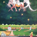 Dipinto surreale di Sergio Franceschi intitolato "Passeggiata notturna". In alto una donna bionda cavalca un cavallo bianco alato in un cielo notturno pieno di stelle dorate. In basso si vede una rappresentazione fantastica di Pisa con la Torre, il Battistero e il Duomo circondati dalle mura.