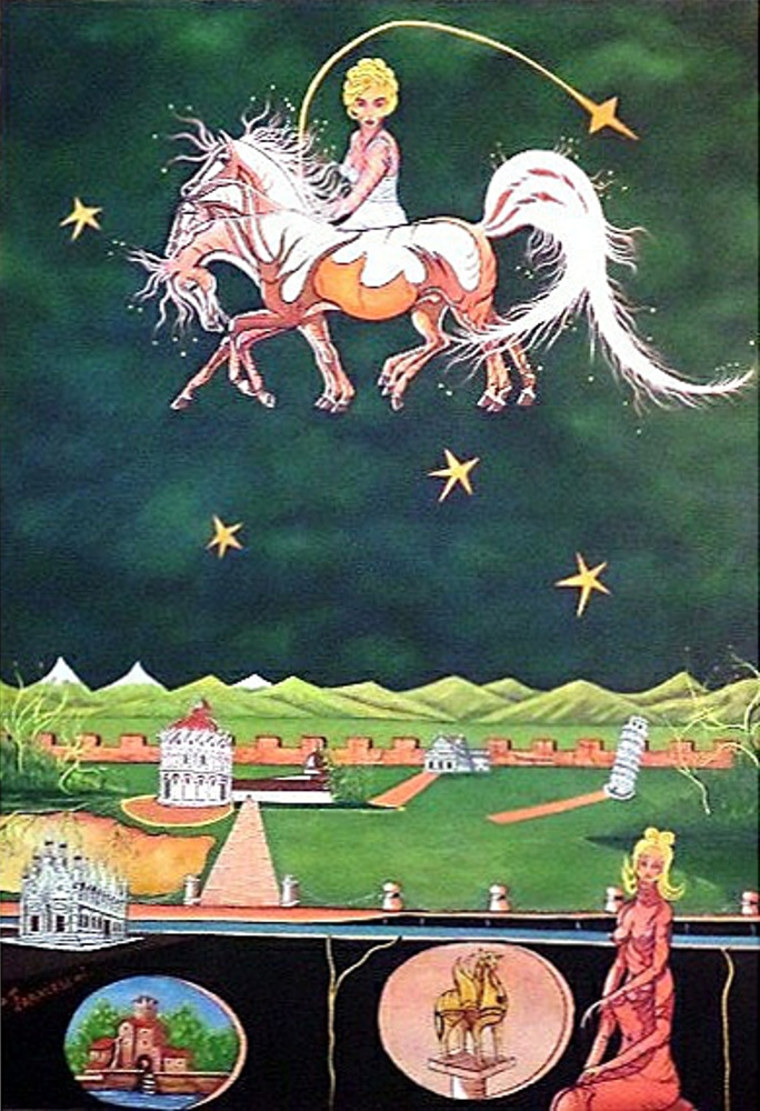 Dipinto surreale di Sergio Franceschi intitolato "Passeggiata notturna". In alto una donna bionda cavalca un cavallo bianco alato in un cielo notturno pieno di stelle dorate. In basso si vede una rappresentazione fantastica di Pisa con la Torre, il Battistero e il Duomo circondati dalle mura.
