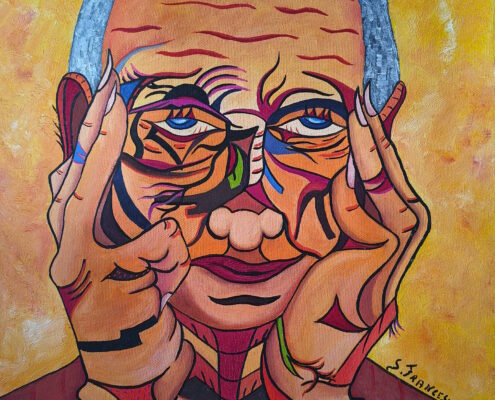 Dipinto surreale del 1971 di Sergio Franceschi intitolato "Ritratto". Primo piano di un uomo anziano e calvo che si copre i lati del viso con le mani. Il volto è scomposto in linee e forme geometriche colorate di arancione, viola, azzurro e verde, sotto uno sfondo giallo oro.
