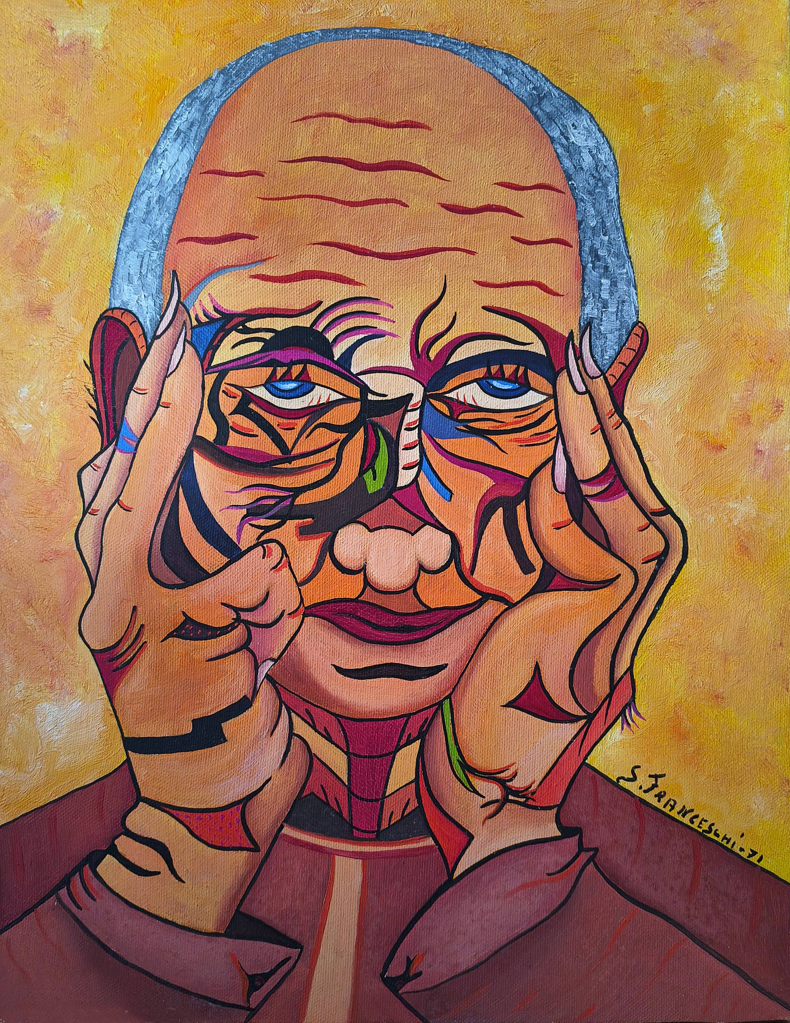 Dipinto surreale del 1971 di Sergio Franceschi intitolato "Ritratto". Primo piano di un uomo anziano e calvo che si copre i lati del viso con le mani. Il volto è scomposto in linee e forme geometriche colorate di arancione, viola, azzurro e verde, sotto uno sfondo giallo oro.
