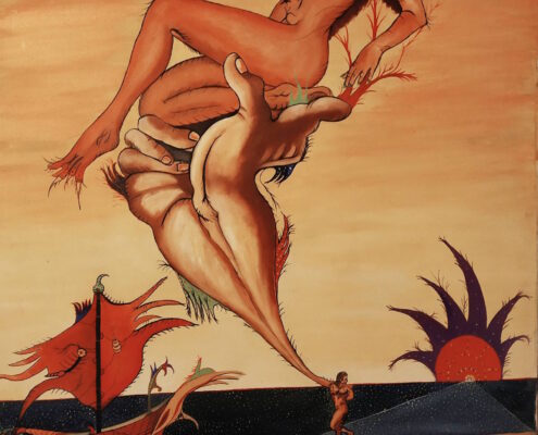 Dipinto surreale del 1970 di Sergio Franceschi intitolato "Salvataggio". Una grande mano fluttuante sostiene una donna nuda in una posa sinuosa. In basso, su una spiaggia arancione accanto a un mare scuro, si notano un uomo che tira un filamento legato alla mano, una barca con vele rosse e un sole con raggi neri.