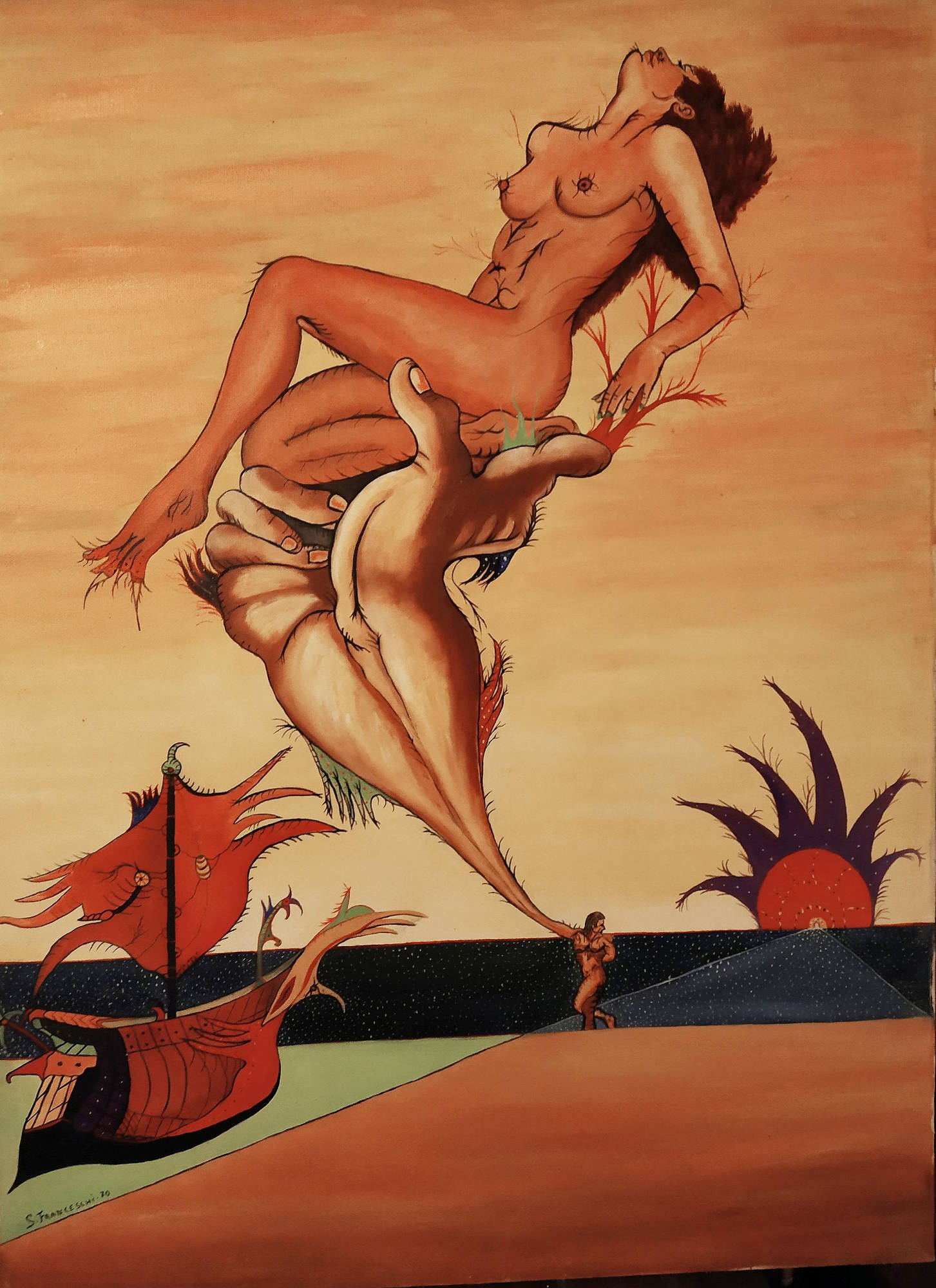 Dipinto surreale del 1970 di Sergio Franceschi intitolato "Salvataggio". Una grande mano fluttuante sostiene una donna nuda in una posa sinuosa. In basso, su una spiaggia arancione accanto a un mare scuro, si notano un uomo che tira un filamento legato alla mano, una barca con vele rosse e un sole con raggi neri.