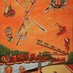 Grande dipinto surreale di Sergio Franceschi senza titolo. In alto, in un cielo arancione, due spade incrociate trafiggono scudi e donne bionde, circondate da figure allegoriche e una bandiera italiana. In basso si estende una città fluviale con case dai tetti rossi, tende da circo, una statua su una colonna e donne nue sedute a terra.