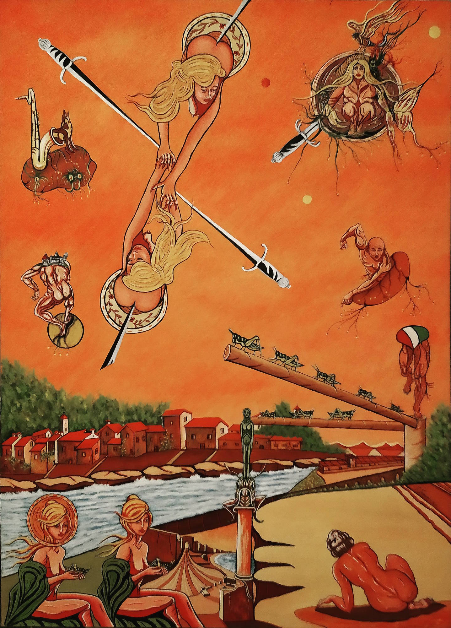 Grande dipinto surreale di Sergio Franceschi senza titolo. In alto, in un cielo arancione, due spade incrociate trafiggono scudi e donne bionde, circondate da figure allegoriche e una bandiera italiana. In basso si estende una città fluviale con case dai tetti rossi, tende da circo, una statua su una colonna e donne nue sedute a terra.