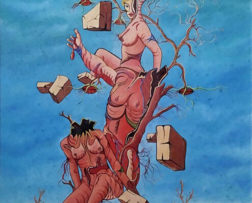 Dipinto surreale di Sergio Franceschi intitolato "Sopravvivere". Due figure femminili nude e muscolose con venature rosse si fondono con un albero spoglio in un prato verde. La figura in basso è inginocchiata e senza testa, mentre quella in alto si arrampica tra rami secchi e blocchi di pietra fluttuanti nel cielo azzurro.