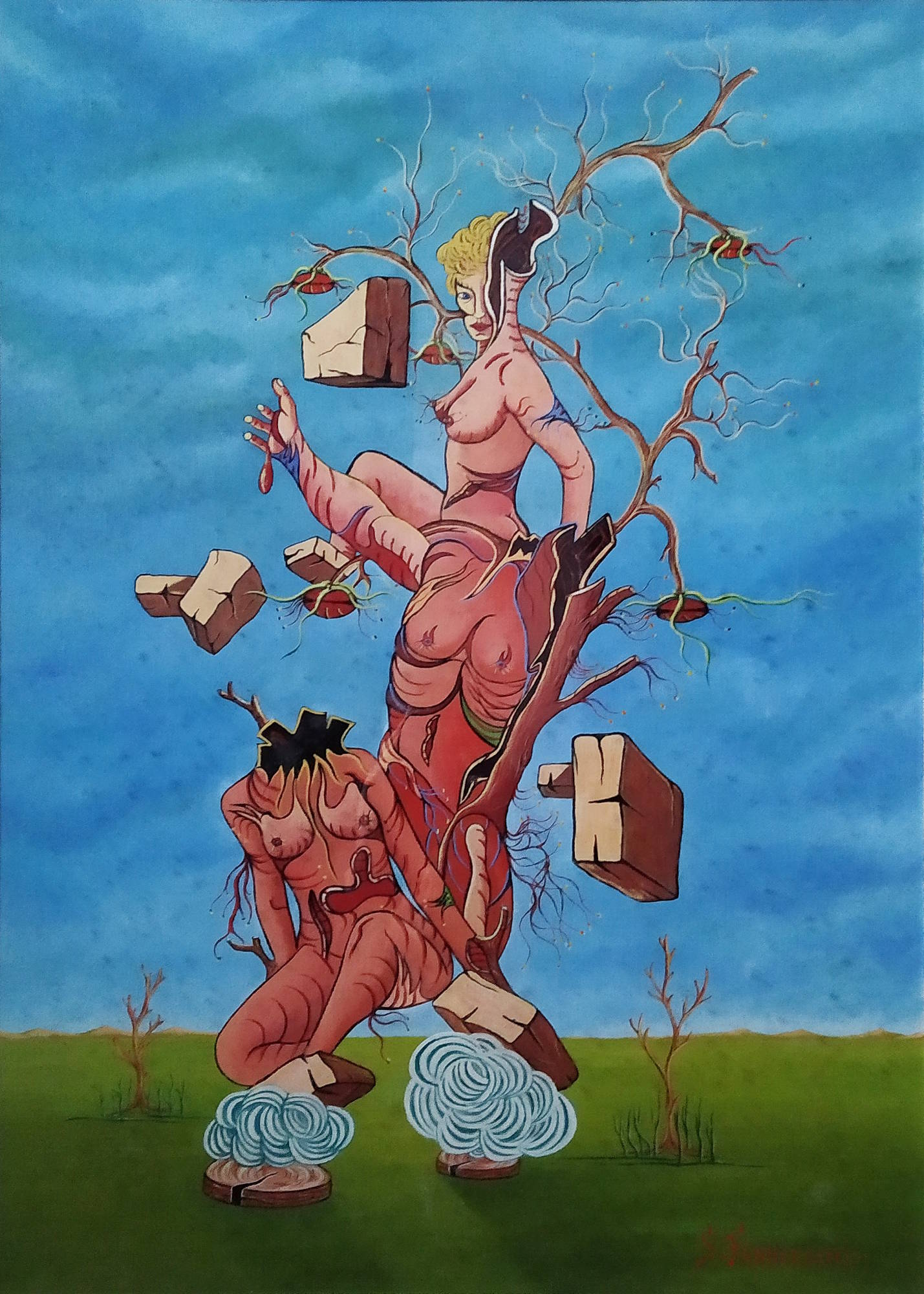 Dipinto surreale di Sergio Franceschi intitolato "Sopravvivere". Due figure femminili nude e muscolose con venature rosse si fondono con un albero spoglio in un prato verde. La figura in basso è inginocchiata e senza testa, mentre quella in alto si arrampica tra rami secchi e blocchi di pietra fluttuanti nel cielo azzurro.