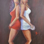 Quadro Due Amiche che giocano di Clelia Logoluso, due donne senza volto in abito rosso e abito bianco di spalle